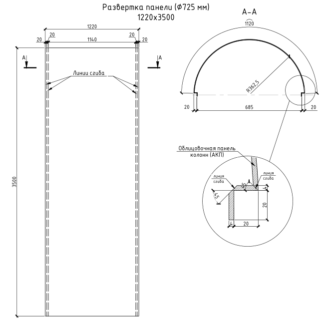 Развертка панели (ф725 мм) 1220x3500